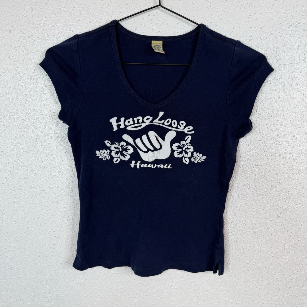 Hang Loose Hawaiian 2000's Baby Tee Shirt Size Small Navy/White Y2K